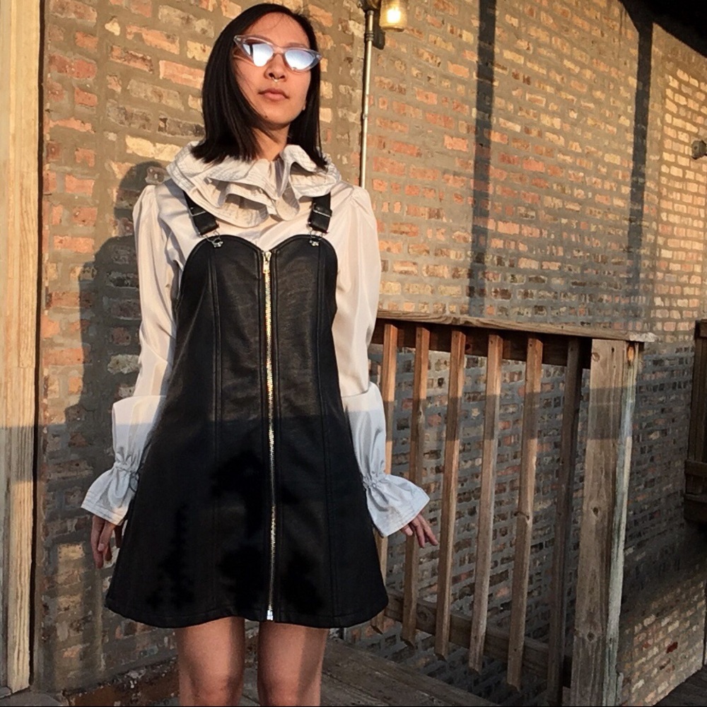 UNIF black faux leather overall / pinafore dress